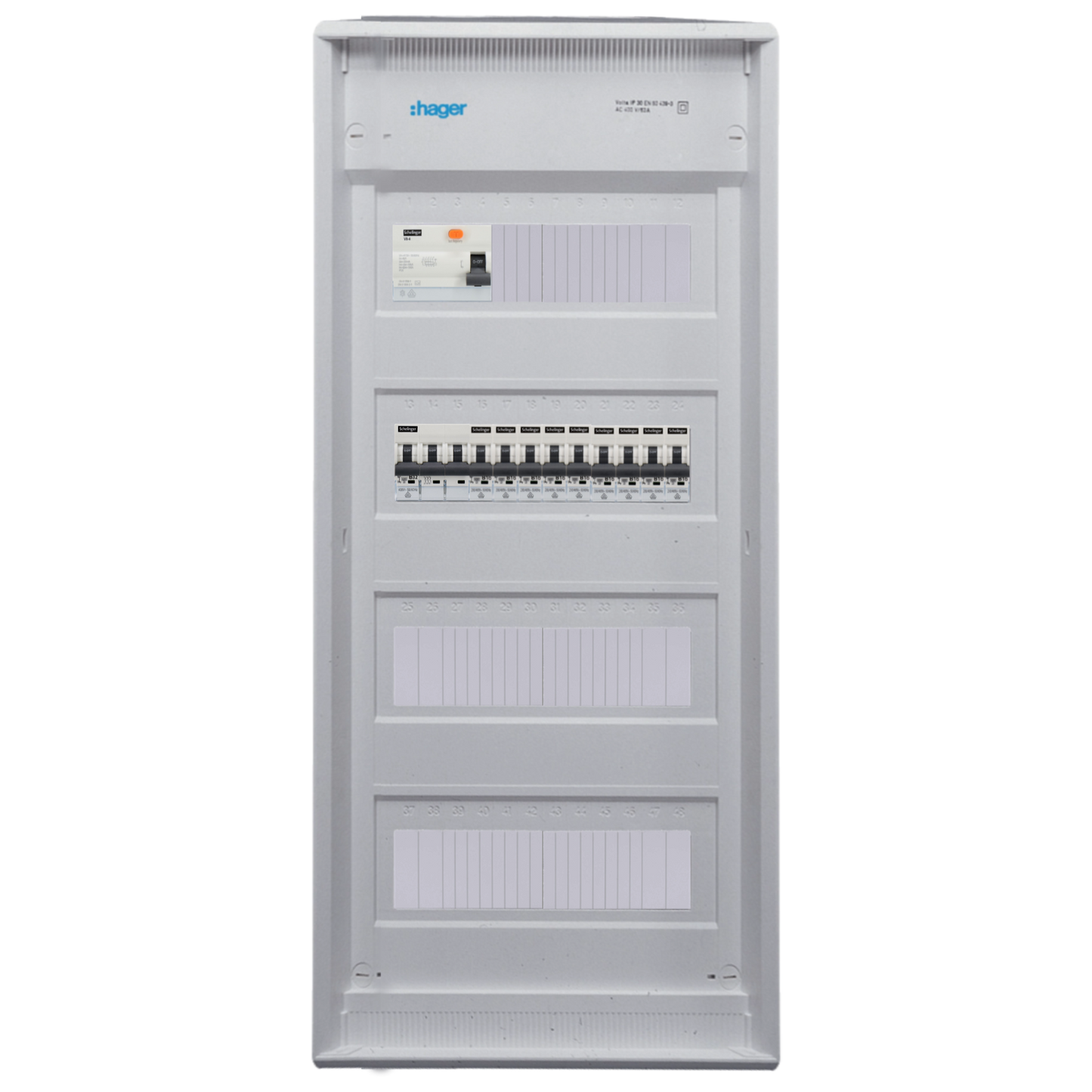 Sicherungskasten, 2,3,4,5 Reihig, Aufputz, Unterputz, Hohlwand, verdrahtet, VDE 1 x FI 40A/30mA + 1 x 3P LS B32  + 9 x 1P LS B16