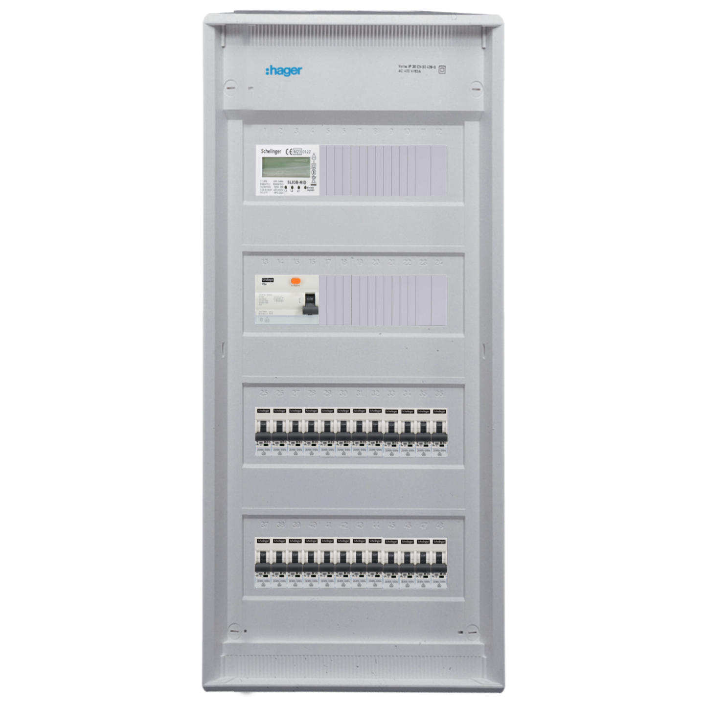 Sicherungskasten,3,4,5 Reihig, Aufputz, Unterputz, Hohlwand, verdrahtet, VDE 1 x FI 40A/30mA + 24 x 1P LS B16