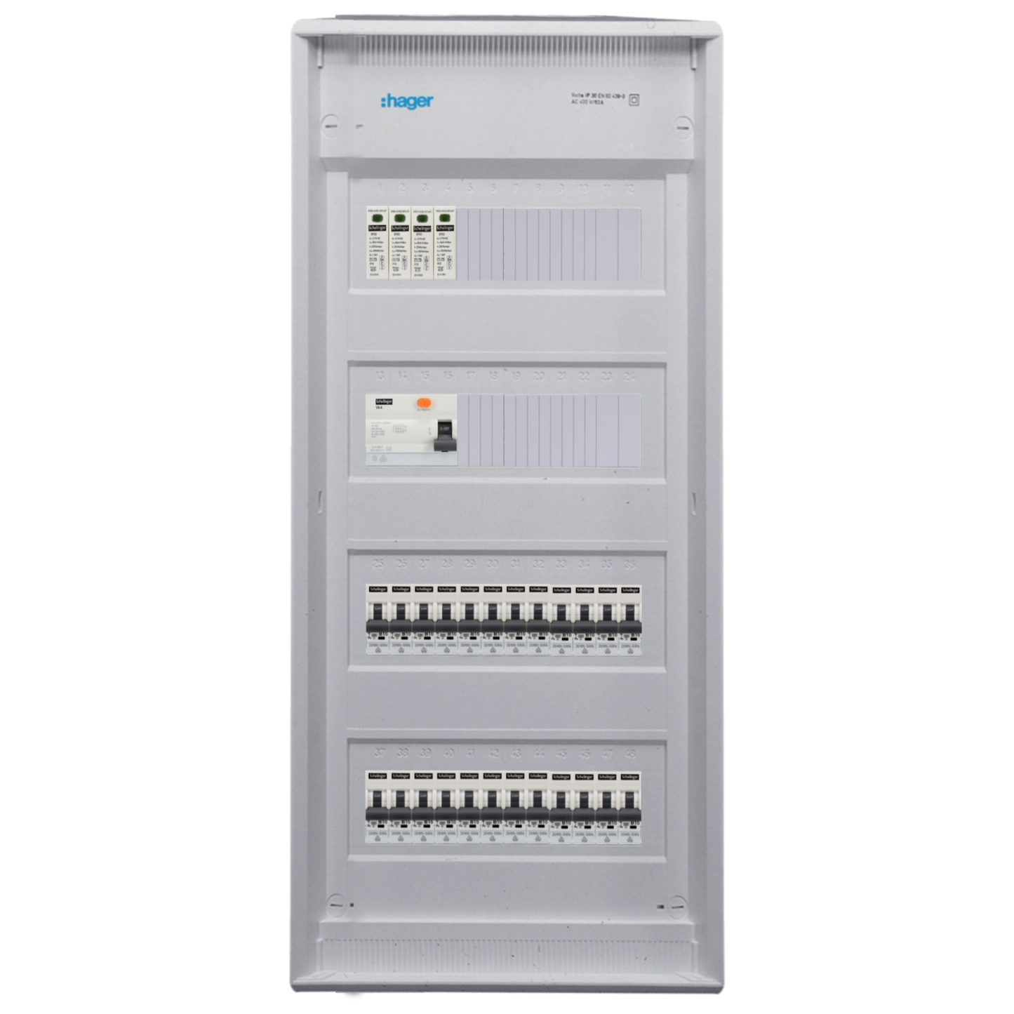 Sicherungskasten,3,4,5 Reihig, Aufputz, Unterputz, Hohlwand, verdrahtet, VDE 1 x FI 40A/30mA + 24 x 1P LS B16
