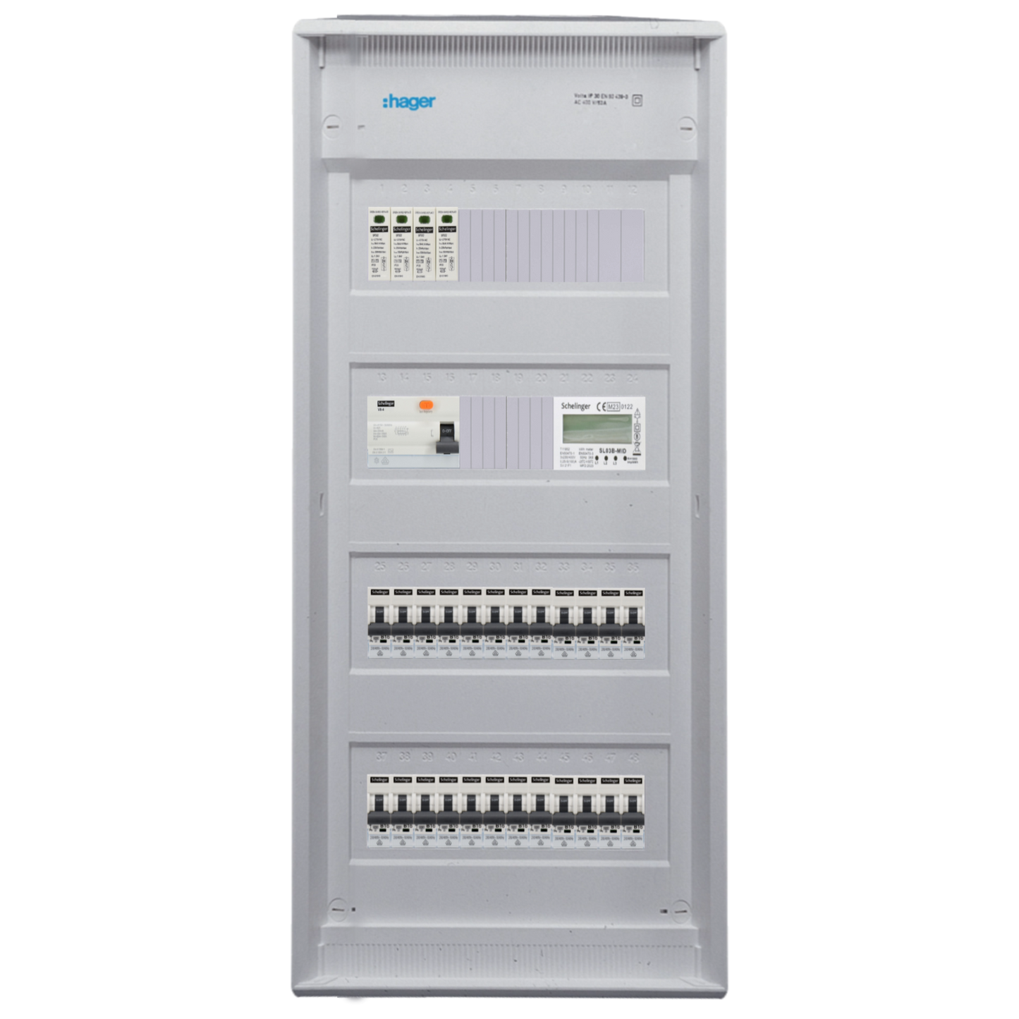 Sicherungskasten,3,4,5 Reihig, Aufputz, Unterputz, Hohlwand, verdrahtet, VDE 1 x FI 40A/30mA + 24 x 1P LS B16