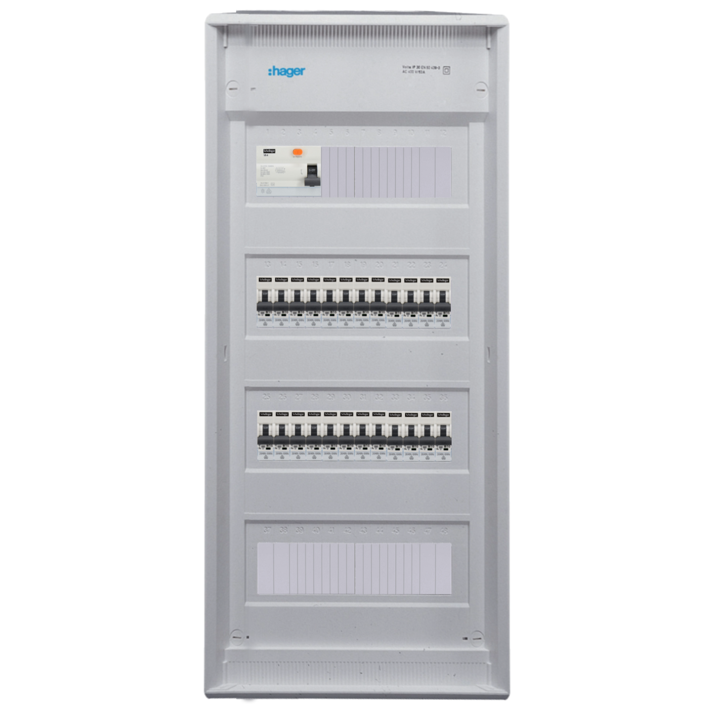 Sicherungskasten,3,4,5 Reihig, Aufputz, Unterputz, Hohlwand, verdrahtet, VDE 1 x FI 40A/30mA + 24 x 1P LS B16