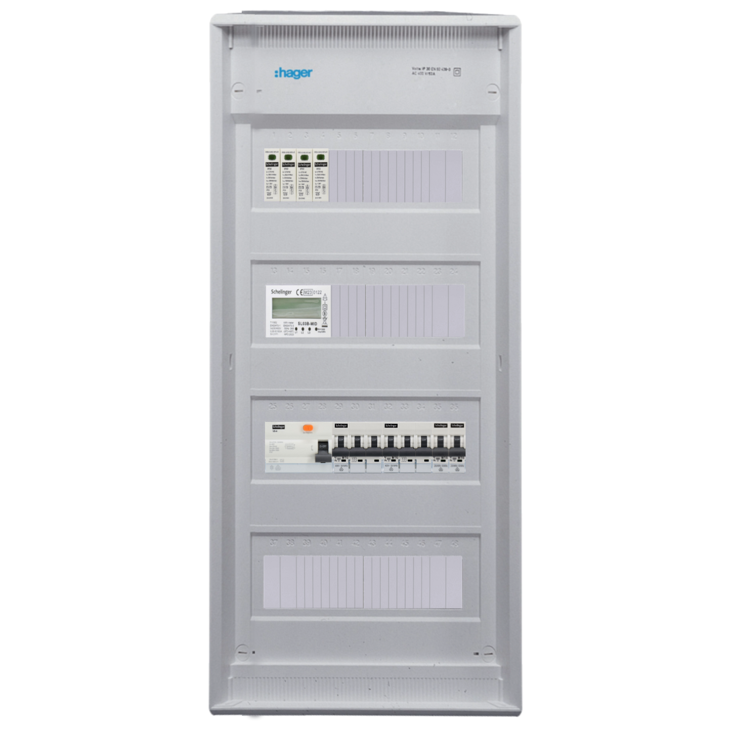 Sicherungskasten, 2,3,4,5 Reihig, Aufputz, Unterputz, Hohlwand, verdrahtet, VDE 1 x FI 40A/30mA + 2 x 3P LS B16 + 2 x 1P LS B16