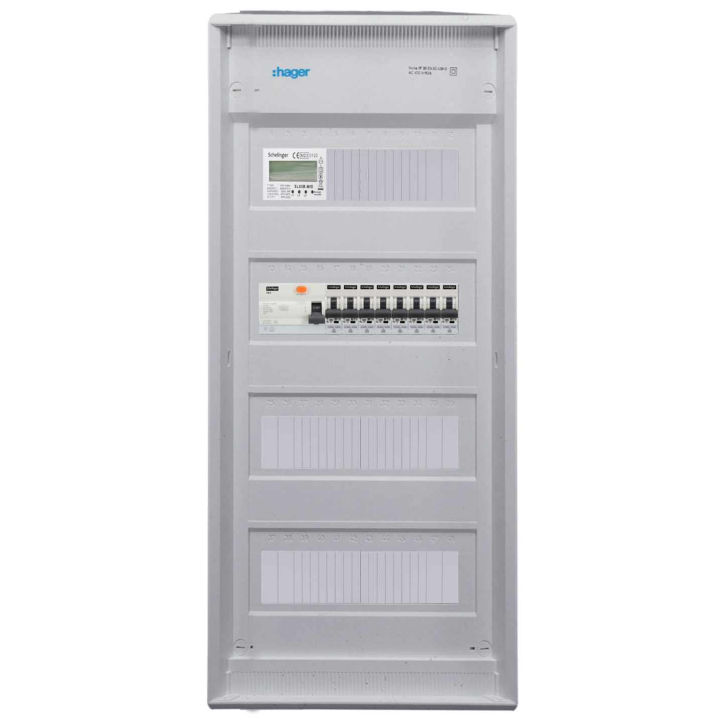 Sicherungskasten, 2,3,4,5 Reihig, Aufputz, Unterputz, Hohlwand, verdrahtet, VDE 1 x FI 40A/30mA + 8 x 1P LS B16
