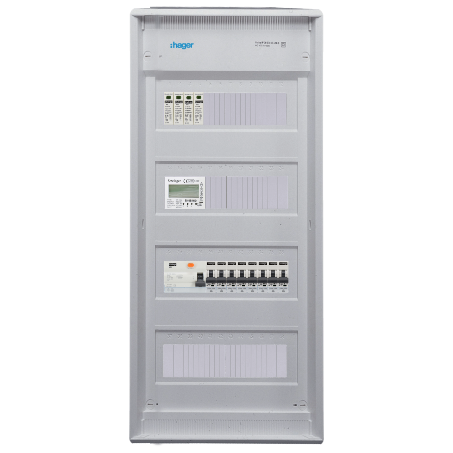 Sicherungskasten, 2,3,4,5 Reihig, Aufputz, Unterputz, Hohlwand, verdrahtet, VDE 1 x FI 40A/30mA + 8 x 1P LS B16