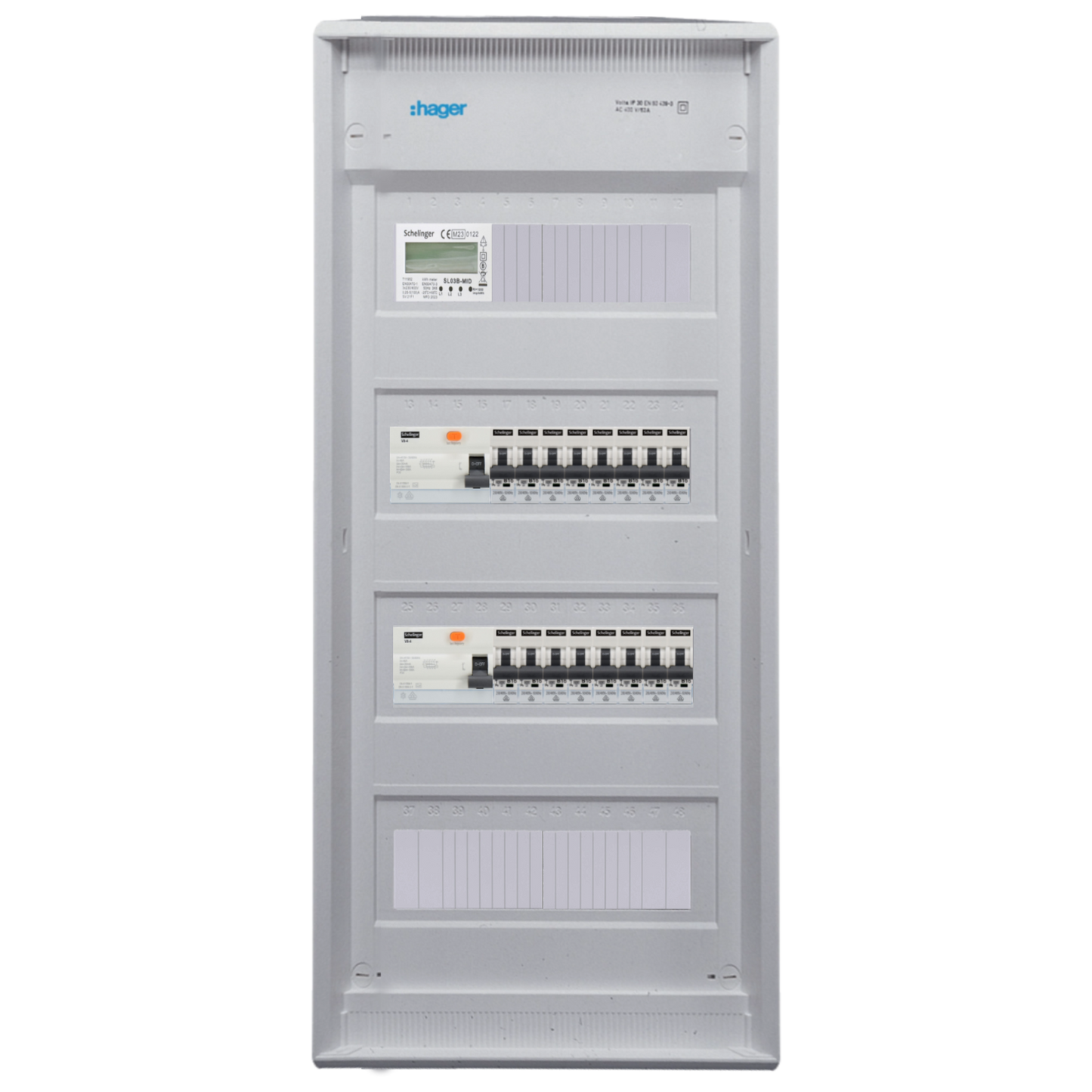 Sicherungskasten,3,4,5 Reihig, Aufputz, Unterputz, Hohlwand, verdrahtet, VDE 2 x FI 40A/30mA + 16 x 1P LS B16