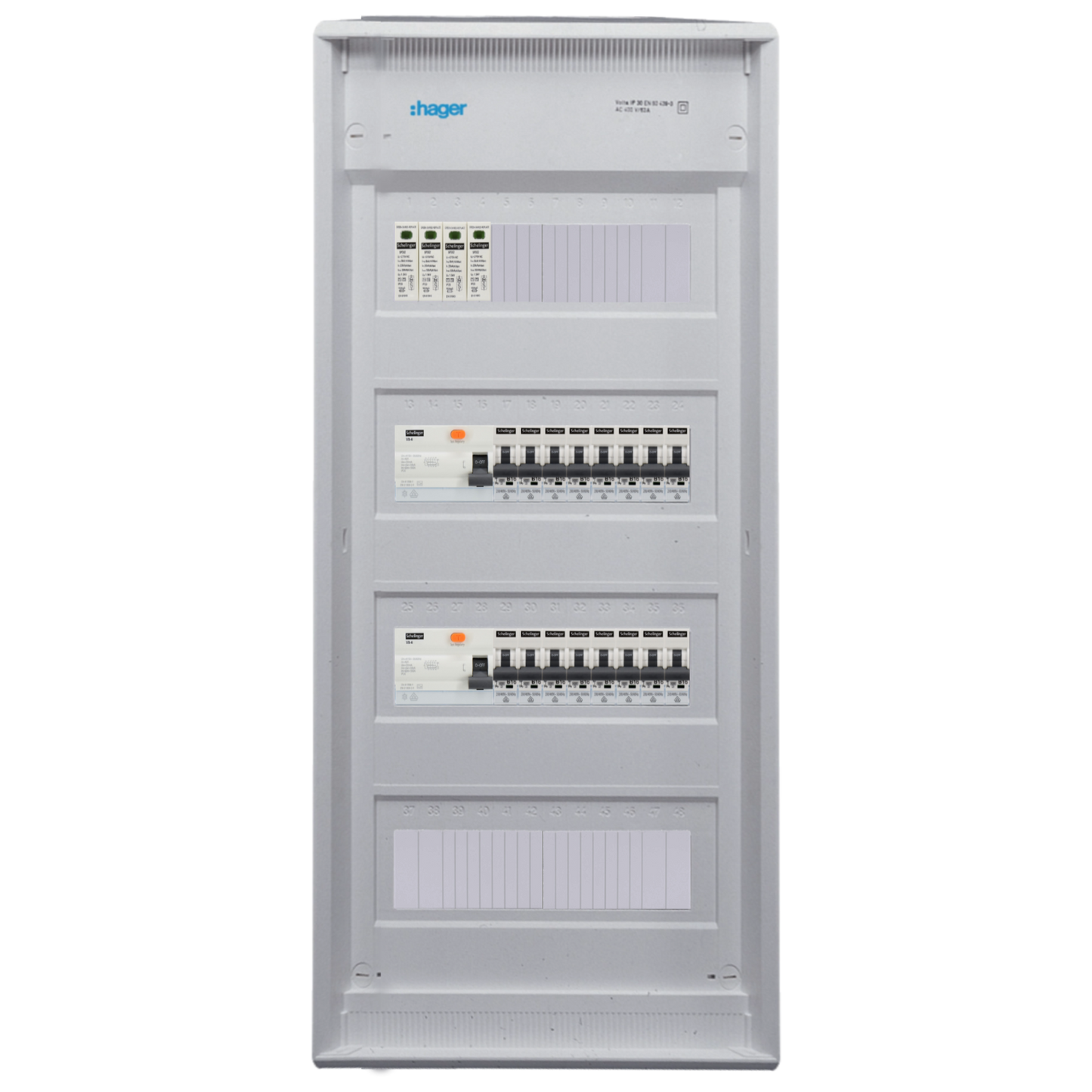 Sicherungskasten,3,4,5 Reihig, Aufputz, Unterputz, Hohlwand, verdrahtet, VDE 2 x FI 40A/30mA + 16 x 1P LS B16