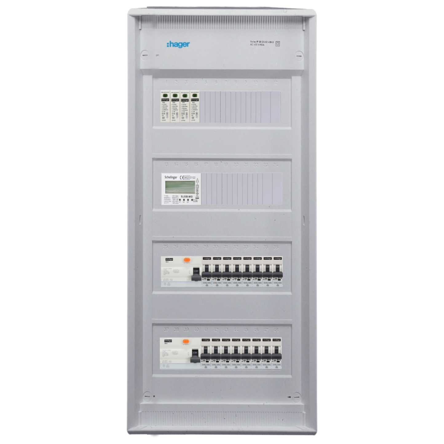 Sicherungskasten,3,4,5 Reihig, Aufputz, Unterputz, Hohlwand, verdrahtet, VDE 2 x FI 40A/30mA + 16 x 1P LS B16