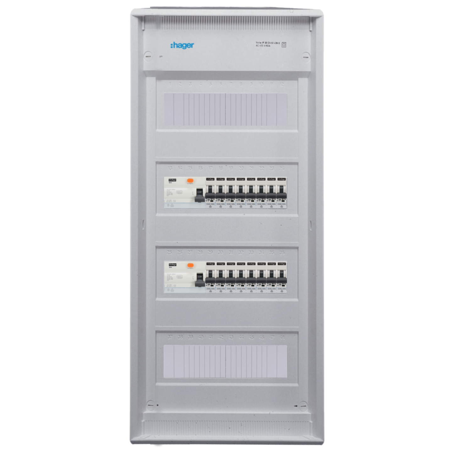 Sicherungskasten,3,4,5 Reihig, Aufputz, Unterputz, Hohlwand, verdrahtet, VDE 2 x FI 40A/30mA + 16 x 1P LS B16