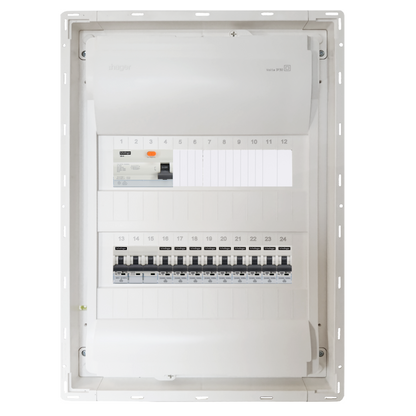 Sicherungskasten, 2,3,4,5 Reihig, Aufputz, Unterputz, Hohlwand, verdrahtet, VDE 1 x FI 40A/30mA + 1 x 3P LS B16  + 9 x 1P LS B16