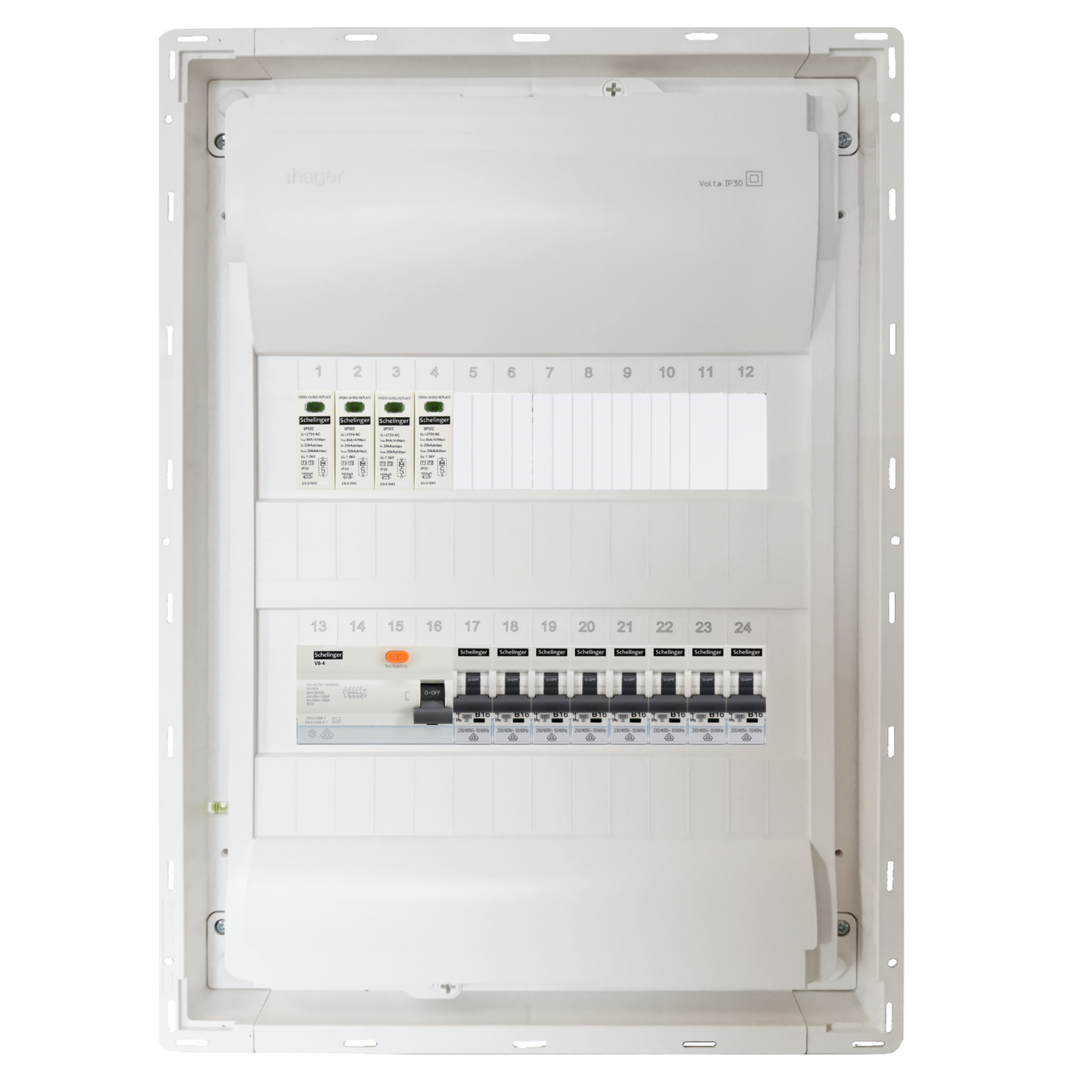 Sicherungskasten, 2,3,4,5 Reihig, Aufputz, Unterputz, Hohlwand, verdrahtet, VDE 1 x FI 40A/30mA + 8 x 1P LS B16