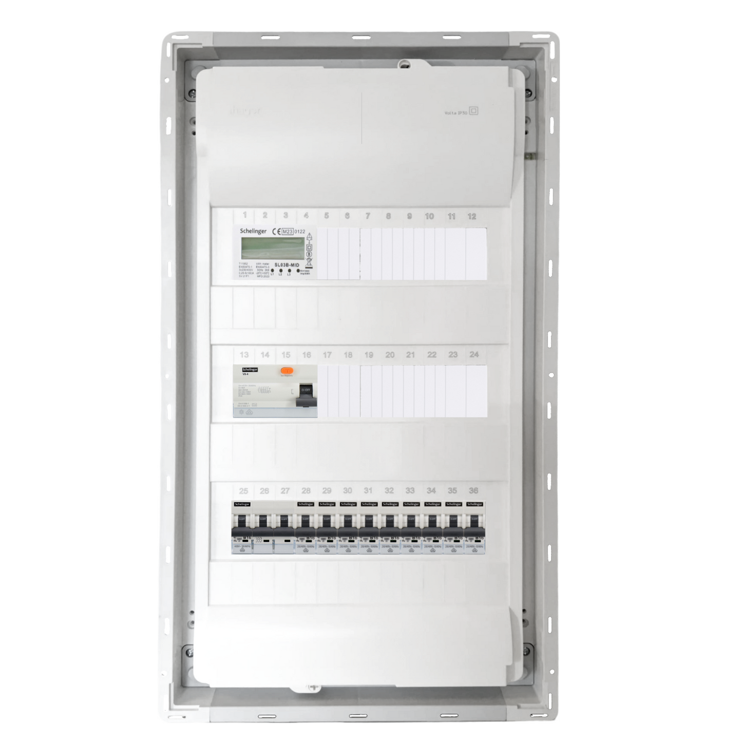 Sicherungskasten, 2,3,4,5 Reihig, Aufputz, Unterputz, Hohlwand, verdrahtet, VDE 1 x FI 40A/30mA + 1 x 3P LS B16  + 9 x 1P LS B16