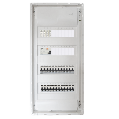 Sicherungskasten,3,4,5 Reihig, Aufputz, Unterputz, Hohlwand, verdrahtet, VDE 1 x FI 40A/30mA + 24 x 1P LS B16