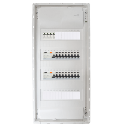 Sicherungskasten,3,4,5 Reihig, Aufputz, Unterputz, Hohlwand, verdrahtet, VDE 2 x FI 40A/30mA + 16 x 1P LS B16