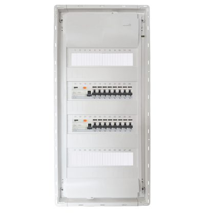 Sicherungskasten,3,4,5 Reihig, Aufputz, Unterputz, Hohlwand, verdrahtet, VDE 2 x FI 40A/30mA + 16 x 1P LS B16