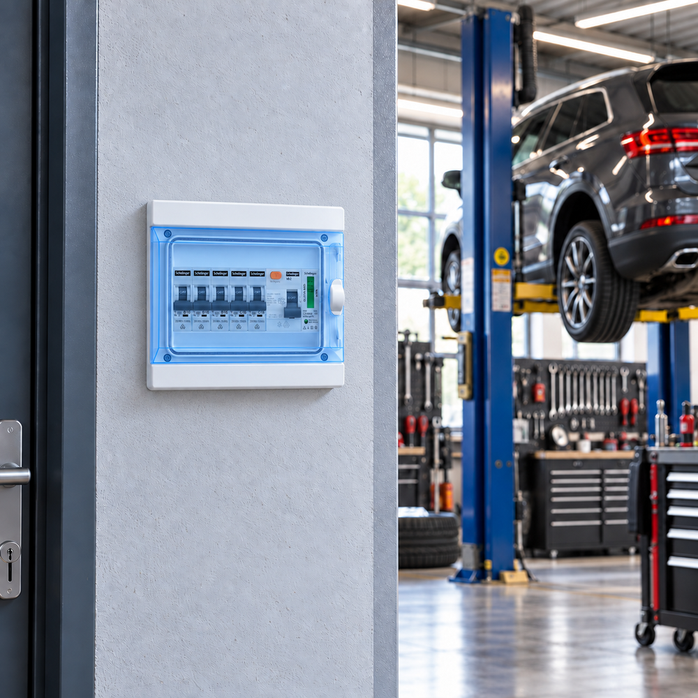 Sicherungskasten an der Wand einer Autowerkstatt