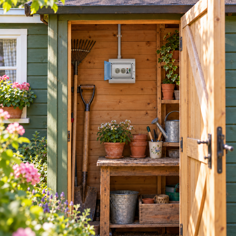 Sicherungskasten mit Schuko-Steckdosen im Geräteraum eines Gartenhauses