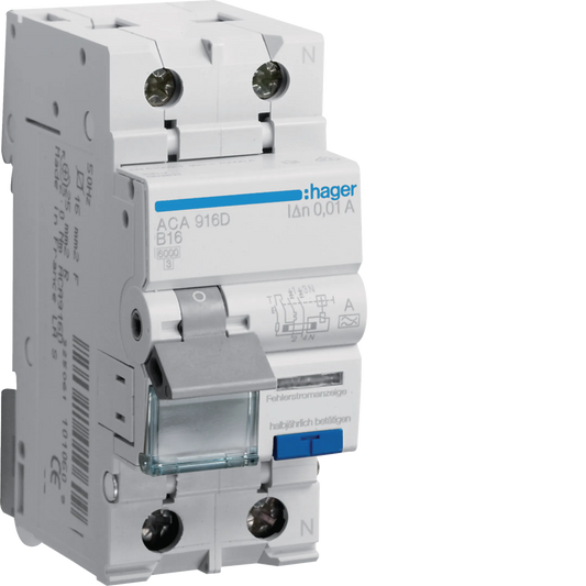 Hager ACA916D FI/LS-Schalter, 1P+N, 6kA, B16, 10mA, Typ A