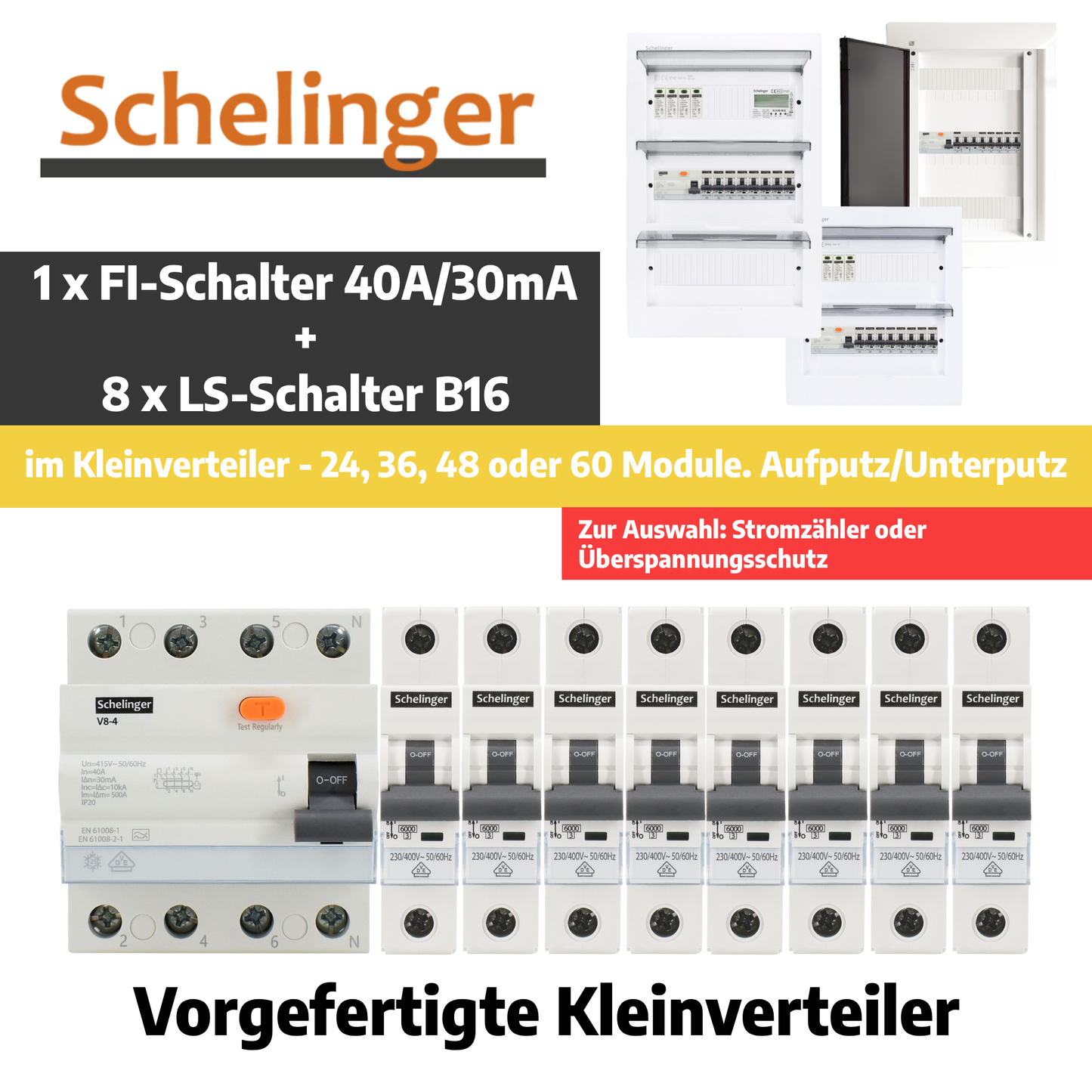 Sicherungskasten, 2,3,4,5 Reihig, Aufputz, Unterputz, Hohlwand, verdrahtet, VDE 1 x FI 40A/30mA + 8 x 1P LS B16