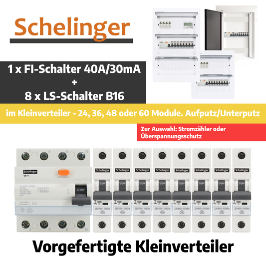 Sicherungskasten, 2,3,4,5 Reihig, Aufputz, Unterputz, Hohlwand, verdrahtet, VDE 1 x FI 40A/30mA + 8 x 1P LS B16