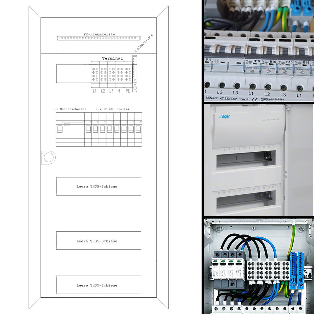 Sicherungskasten, 2,3,4,5 Reihig, Aufputz, Unterputz, Hohlwand, verdrahtet, VDE 1 x FI 40A/30mA + 8 x 1P LS B16