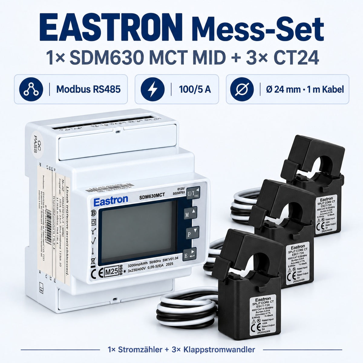 Set: 1× EASTRON SDM630 MCT MID Wandlerzähler, Modbus RTU + 3× CT24 100/5 A Klappstromwandler, Ø 24 mm, 1 m – Ansicht 2