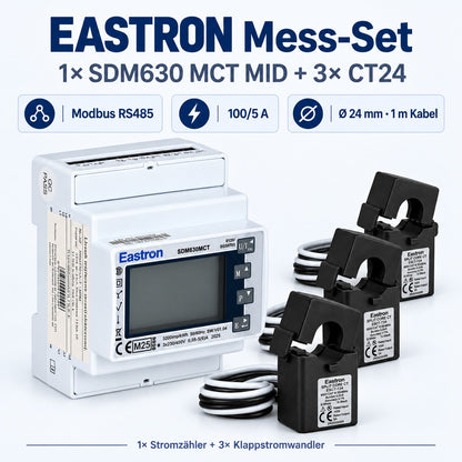 Set: 1× EASTRON SDM630 MCT MID Wandlerzähler, Modbus RTU + 3× CT24 100/5 A Klappstromwandler, Ø 24 mm, 1 m – Ansicht 2