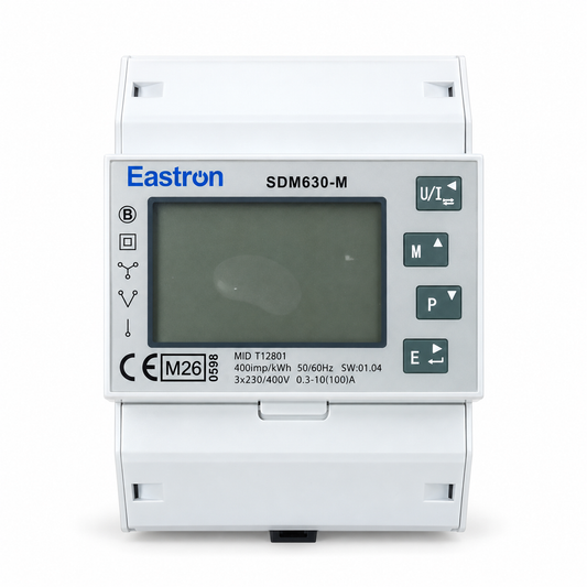 Eastron SDM630-M MID Drehstromzähler – Vorderansicht auf weißem Hintergrund
