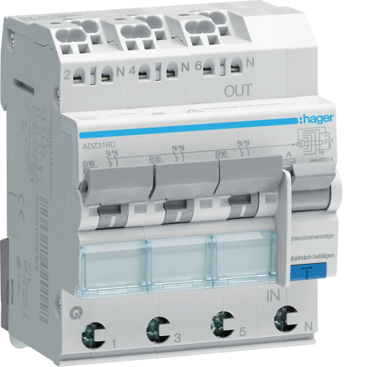 Hager ADZ316D FI/LS-Schalter, 3X1P+N, 6kA, B16, 30mA, Typ A, QuickConnect
