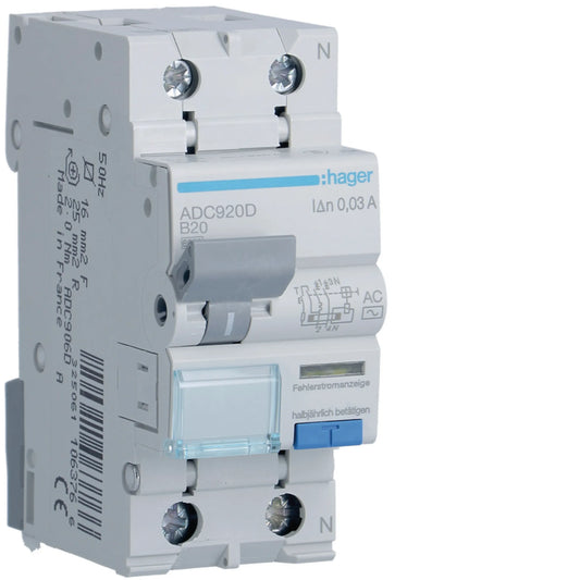 Hager ADC920D FI/LS-Schalter, 1P+N, 6kA, B20, 30mA, Typ AC