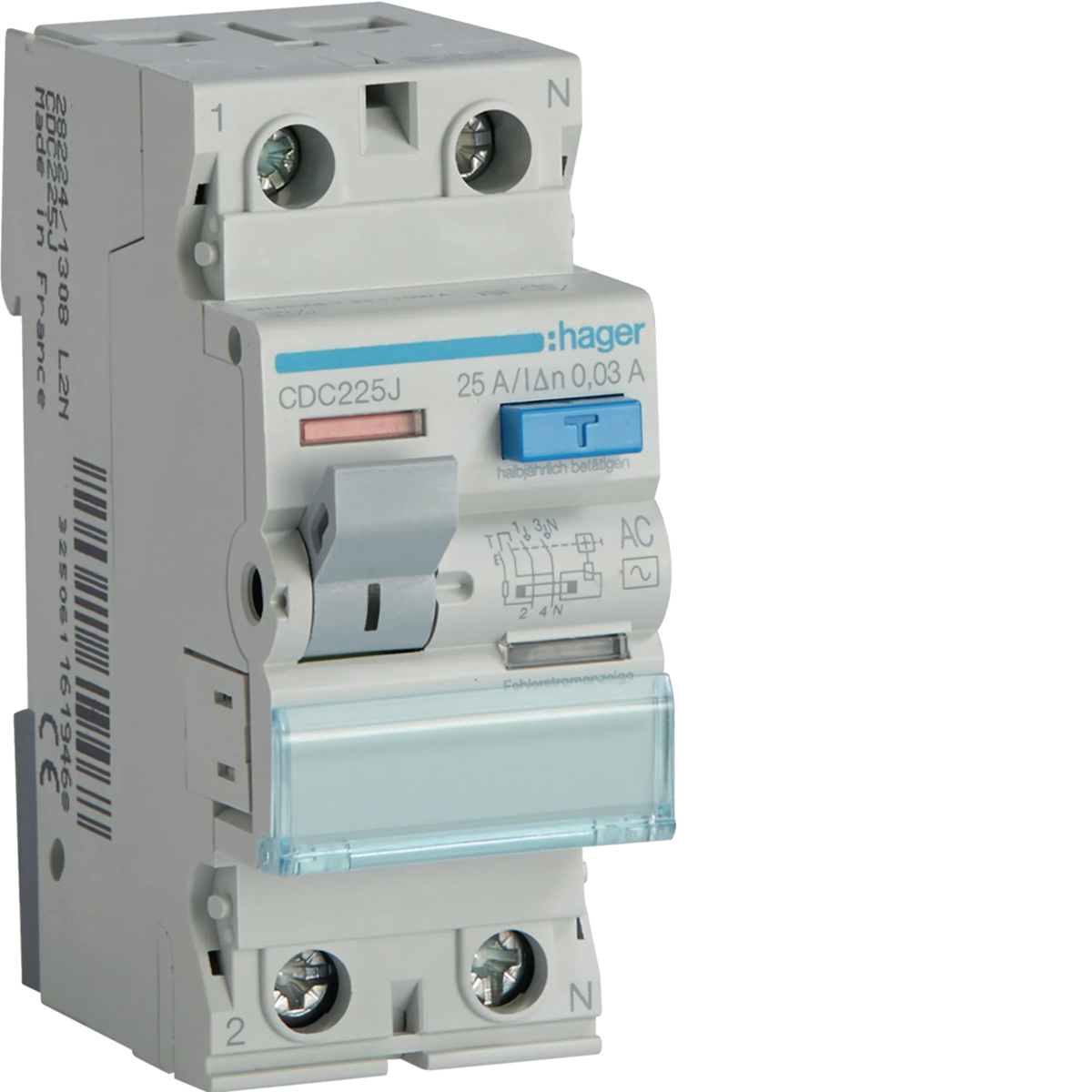 Hager CDC225J FI-Schutzschalter, 1P+N, 25A, 30mA, Typ AC
