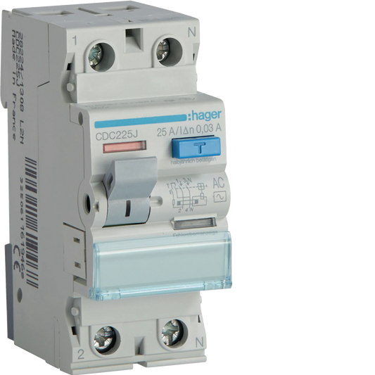 Hager CDC225J FI-Schutzschalter, 1P+N, 25A, 30mA, Typ AC
