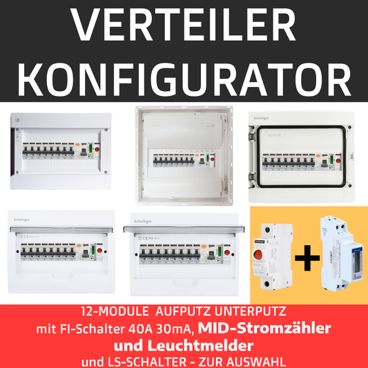 Verteilerkonfigurator - 12-Module 1-Phase mit FI-Schalter 40A/30mA, MID-Stromzähler und Leuchtmelder