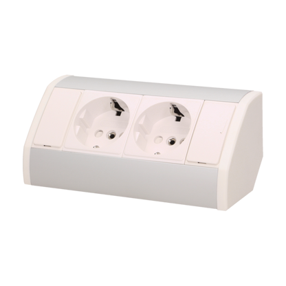 Möbel-Steckdose 2x2P+Z, Schuko Version, weiß-silber