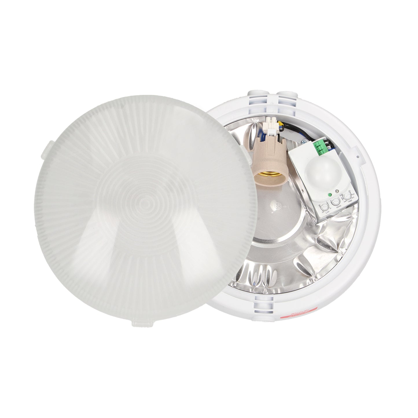 Leuchte mit Mikrowellen-Bewegungssensor, 100W, E27, IP44, Milchglas, Verschraubungen