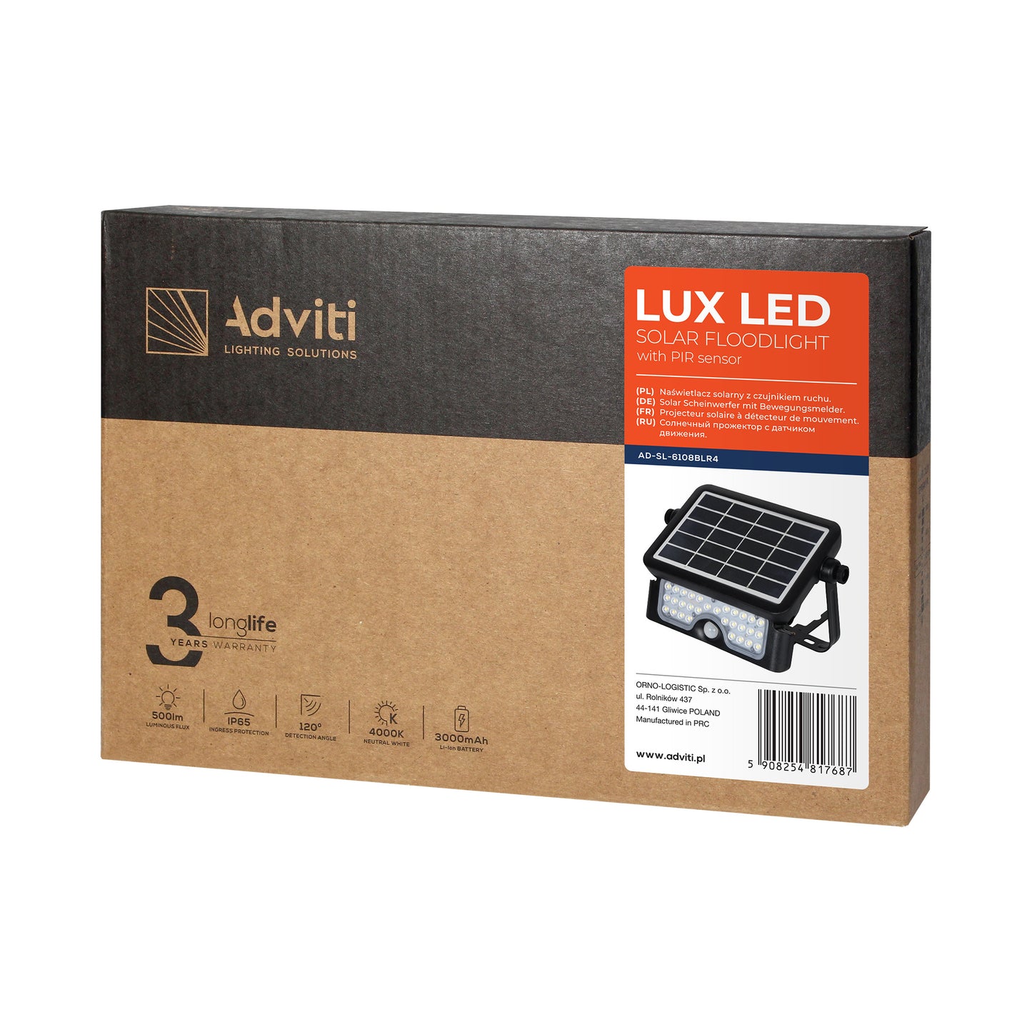 LUX LED 5W, Solarscheinwerfer mit Bewegungsmelder 500lm, IP65, 4000K, 2x1500mAh, schwarz
