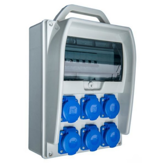 Baustromverteiler, Wandverteiler, Stromverteiler 6 x 230V/16A verdrahtet + Leitungsschutzschalter LS