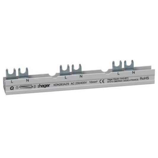 Hager KDN263AZS Phasenschiene 2P Gabelanschluss 10 mm? für ARFxxxD mit Hilfsschalter 10 Module