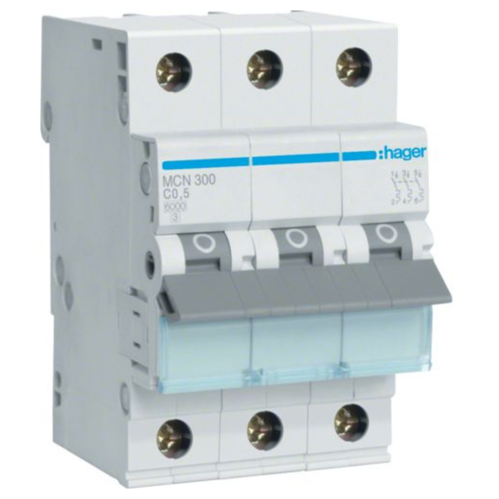 Hager MCN300E Leitungsschutzschalter 3 polig 6kA C-Charakteristik 0.5A 3 Module