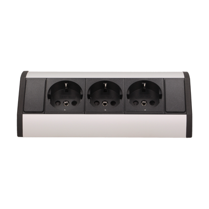 Möbel-Steckdose 3x2P+Z, Schuko Version, schawarz-silber