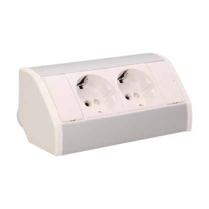 Möbel-Steckdose 2x2P+Z, Schuko Version, weiß-silber