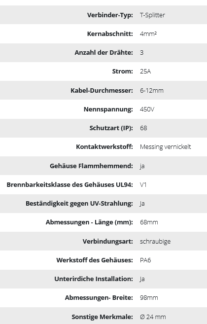 Kabelverbinder, T-Verteiler 3x4mm², 450V/25A
