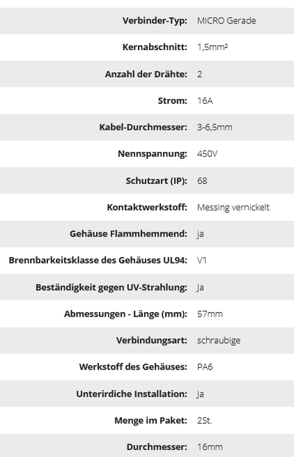 MICRO-Kabelverbinder , gerade, IP68, 2x1,0mm2, 450V/10A, 2 Stk.