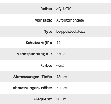 Doppelsteckdose aufputz 2x2P+Ed Schuko AQUATIC IP44 rauchig weiß