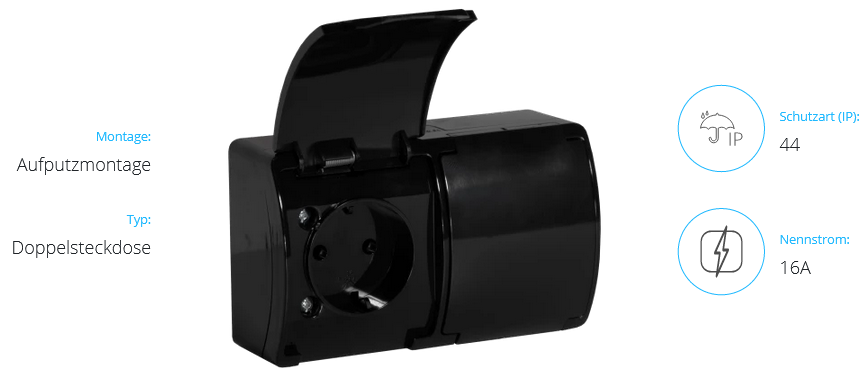 Doppelsteckdose aufputz 2x2P+Ed AQUATIC IP44, schwarz