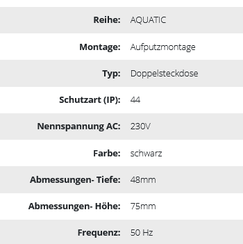 Doppelsteckdose aufputz 2x2P+Ed AQUATIC IP44, schwarz
