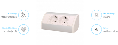 Möbel-Steckdose 2x2P+Z, Schuko Version, weiß-silber