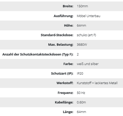Möbel-Steckdose 2x2P+Z, Schuko Version, weiß-silber