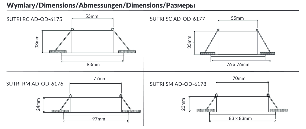SUTRI SC Einbaurahmen für Strahler, MR16/GU10 max 50W, quadratisch, befestigt, Schwarz
