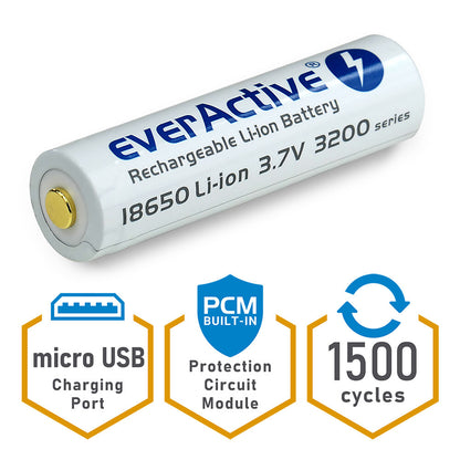 everActive 18650 3.7V Li-ion 3200mAh micro USB Batterie mit BOX und Ladekabel