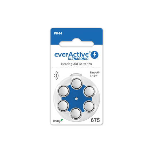 everActive ULTRASONIC Hörgerätebatterien - PR44 Typ 675 Blau - 6er Packung